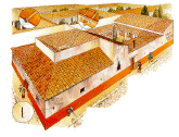 Plaatje van een Romeins huis in een stad