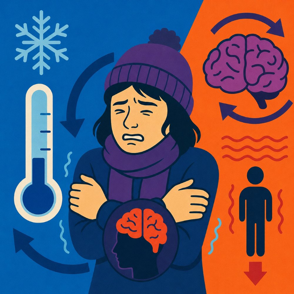 Rillende persoon in de kou met thermometer en hersenen die lichaamstemperatuur regelen.