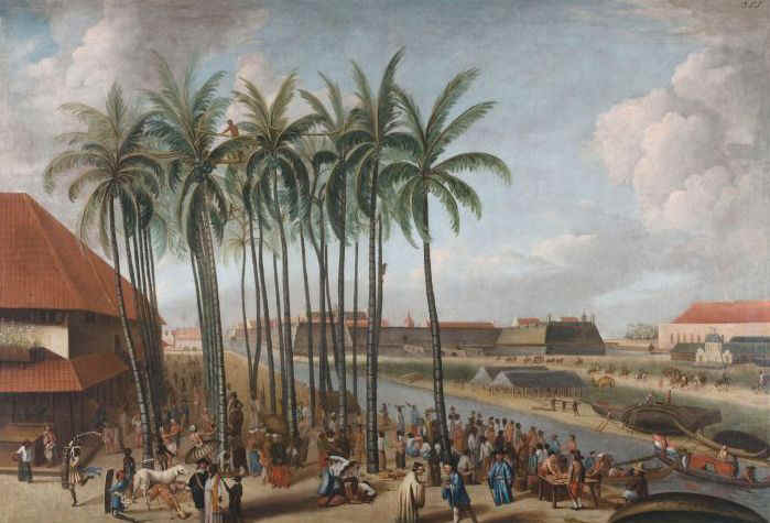 COLLECTIE TROPENMUSEUM Olieverfschilderij voorstellende het Kasteel Batavia gezien van Kali Besar west met op de voorgrond de vismarkt TMnr 118-167